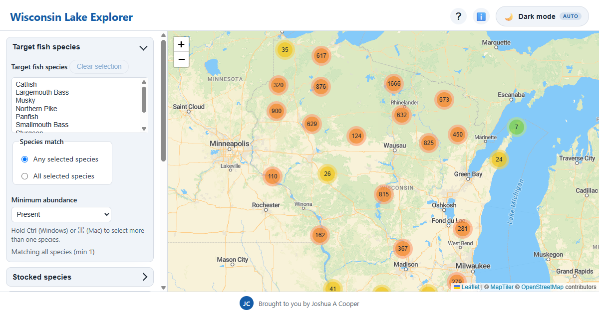 Interactive map of Wisconsin showing thousands of lakes clustered by region, with filters for fish species, stocking, and public access